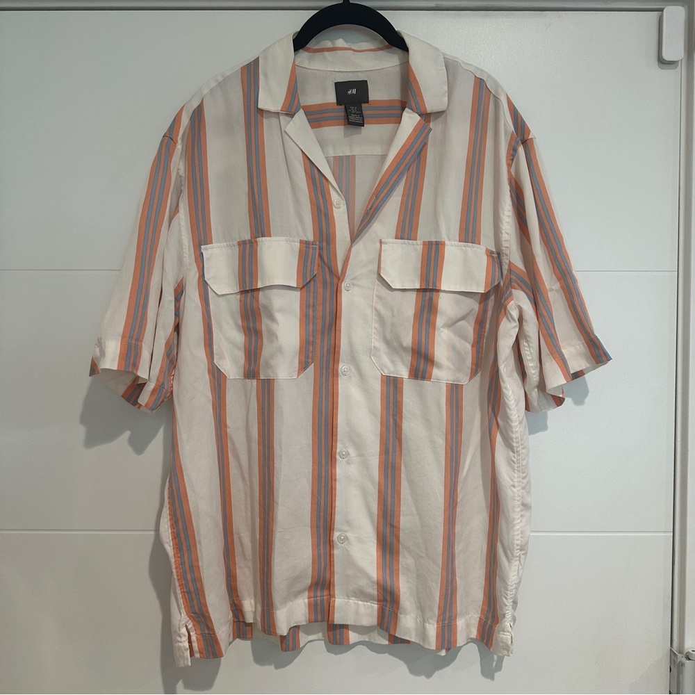 H&M Cream and Orange Striped Casual Resort Shirt Medium Camp